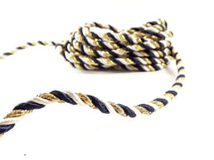 3.5mm Navy Rice White Metallic Gold Twisted Rayon Satin Rope Silk Braid Cord - 3 Ply Twist - 1 meters - 1.09 Yards - No:17