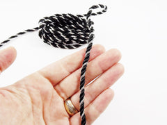 3.5mm Black Metallic Silver Twisted Rayon Satin Rope Silk Braid Cord - 3 Ply Twist - 1 meters - 1.09 Yards - No:17