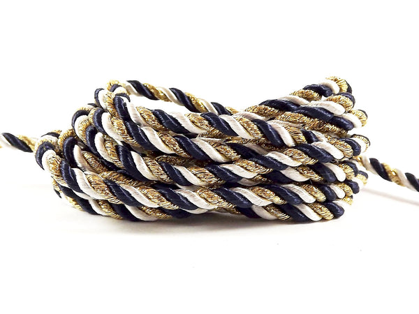 3.5mm Navy Rice White Metallic Gold Twisted Rayon Satin Rope Silk Braid Cord - 3 Ply Twist - 1 meters - 1.09 Yards - No:17