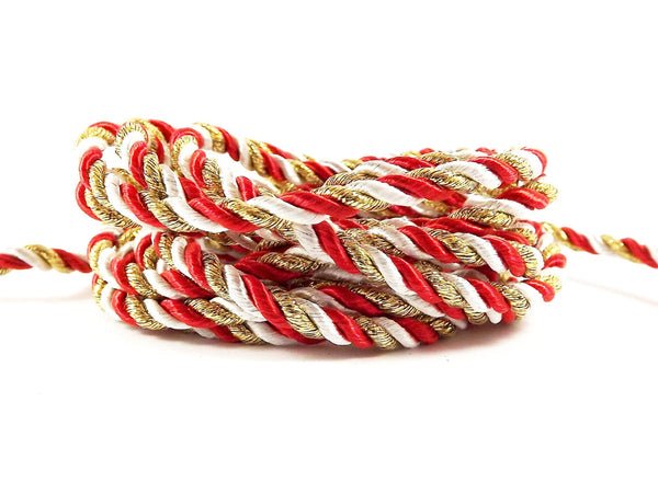 3.5mm Red White Metallic Gold Twisted Rayon Satin Rope Silk Braid Cord - 3 Ply Twist - 1 meters - 1.09 Yards - No:17