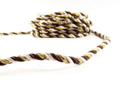 3.5mm Brown White Metallic Gold Twisted Rayon Satin Rope Silk Braid Cord - 3 Ply Twist - 1 meters - 1.09 Yards - No:17