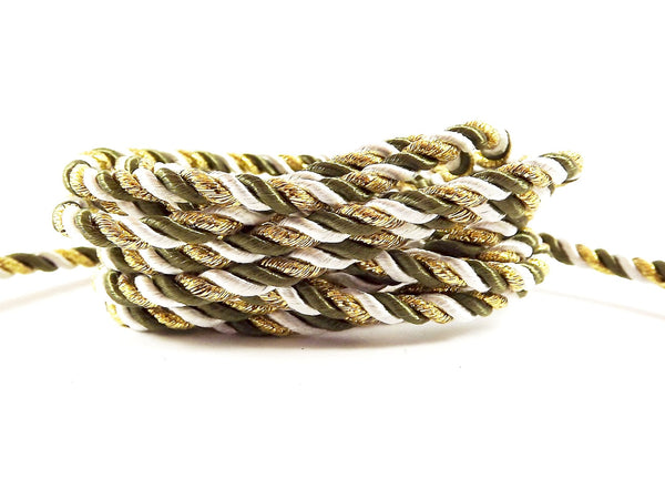 3.5mm Army Green White Metallic Gold Twisted Rayon Satin Rope Silk Braid Cord - 3 Ply Twist - 1 meters - 1.09 Yards - No:17