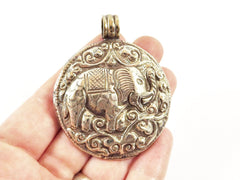 Large Round Carved Elephant Tribal Pendant - Nepalese Handmade Antique Silver