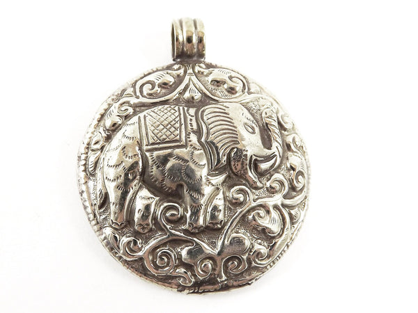 Large Round Carved Elephant Tribal Pendant - Nepalese Handmade Antique Silver