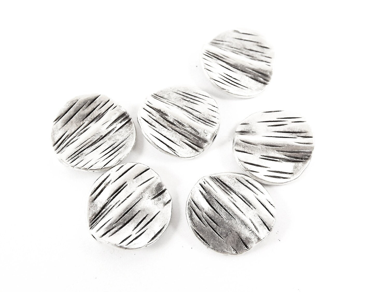 6 Warped Round Disc Statement Spacer Bead Pendants - Matte Antique Silver Plated