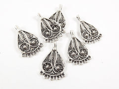 6 Mini Filigree Chandelier Drop Charm Pendant - 5 Loops Rings - Matte Antique Silver Plated