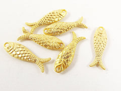 6 Rustic Double Sided Fish Charms - 22k Matte Gold Plated