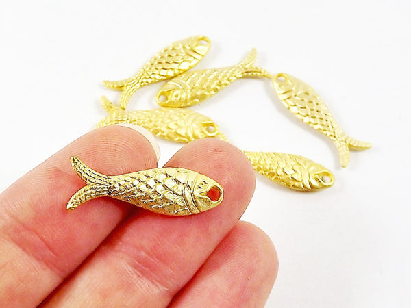 6 Rustic Double Sided Fish Charms - 22k Matte Gold Plated