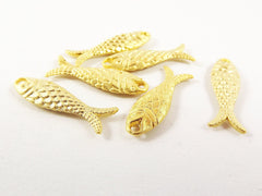 6 Rustic Double Sided Fish Charms - 22k Matte Gold Plated