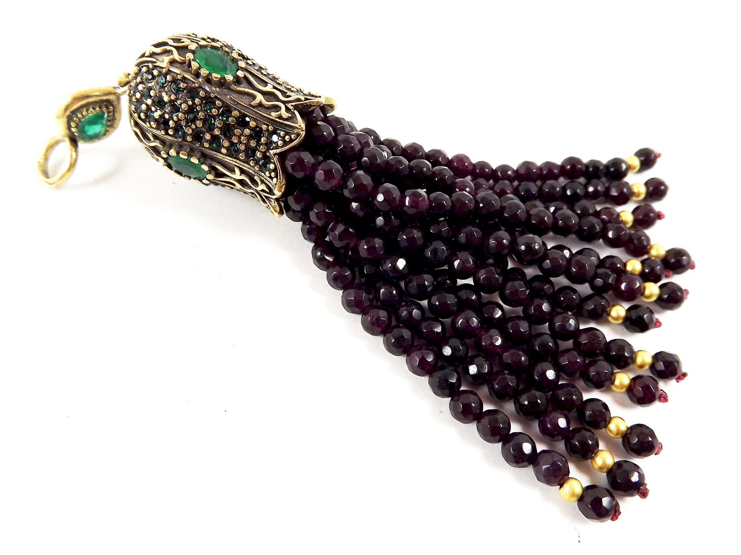 Large Long Deep Potent Purple Jade Stone Beaded Tassel with Crystal Accents - Antique Bronze - 1PC