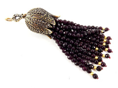 Large Long Deep Potent Purple Facet Cut Jade Beaded Tassel with Crystal Accents - Antique Bronze - 1PC