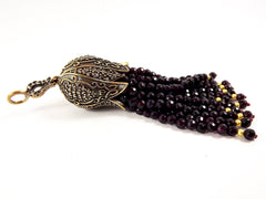 Large Long Deep Potent Purple Facet Cut Jade Beaded Tassel with Crystal Accents - Antique Bronze - 1PC
