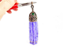 Large Long Periwinkle Purple Jade Stone Beaded Tassel with Crystal Accents - Antique Bronze - 1PC