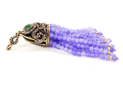 Large Long Periwinkle Purple Jade Stone Beaded Tassel with Crystal Accents - Antique Bronze - 1PC