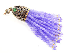 Large Long Periwinkle Purple Jade Stone Beaded Tassel with Crystal Accents - Antique Bronze - 1PC