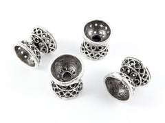 4 Tibetan Bali Style Double Bead End Caps -  Matte Silver Plated Round Bead caps