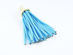 Short Light Blue Afghan Tibetan Heishi Tube Beaded Tassel - Handmade - Textured 22k Matte Gold Plated Cap - 55mm = 2.16inches