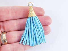 Short Light Blue Afghan Tibetan Heishi Tube Beaded Tassel - Handmade - Textured 22k Matte Gold Plated Cap - 55mm = 2.16inches