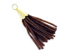 Short Transparent Brown Afghan Tibetan Heishi Tube Beaded Tassel - Handmade - Textured 22k Matte Gold Plated Cap - 55mm = 2.16inches