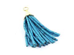 Short Deep Turquoise Tassel Pendant Afghan Heishi Tube Beads Handmade Tassel Jewelry Textured 22k Matte Gold Plated Cap 55mm = 2.16inches