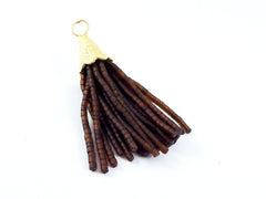 Short Transparent Brown Afghan Tibetan Heishi Tube Beaded Tassel - Handmade - Textured 22k Matte Gold Plated Cap - 55mm = 2.16inches