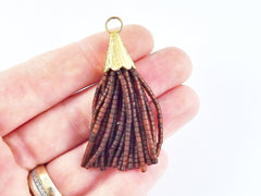 Short Transparent Brown Afghan Tibetan Heishi Tube Beaded Tassel - Handmade - Textured 22k Matte Gold Plated Cap - 55mm = 2.16inches