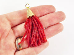 Short Transparent Red Afghan Tibetan Heishi Tube Beaded Tassel - Handmade - Textured 22k Matte Gold Plated Cap - 55mm = 2.16inches