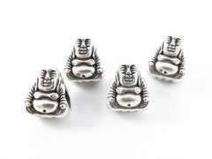 4 Happy Buddha Bead Spacers - 4mm Large Hole -  Matte Silver Plated