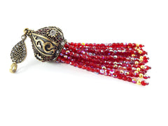 Large Long Sparkly AB Facet Cut Red Crystal Beaded Tassel with Crystal Accents - Antique Bronze - 1PC