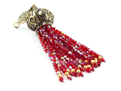 Large Long Sparkly AB Facet Cut Red Crystal Beaded Tassel with Crystal Accents - Antique Bronze - 1PC