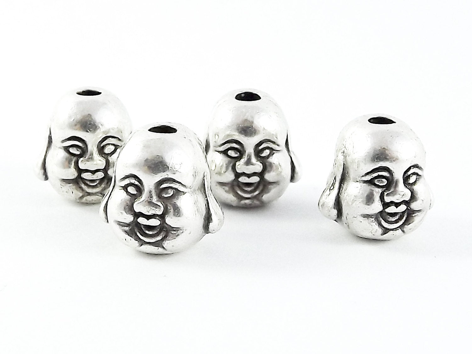 4 Happy Buddha Head Bead Spacers -  Matte Silver Plated