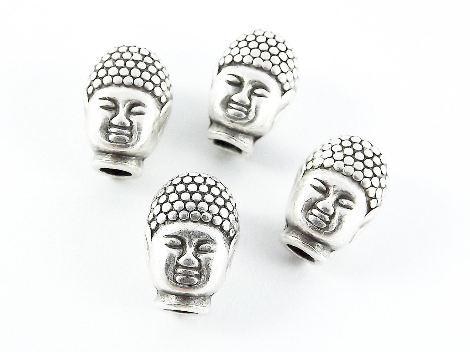 4 Tibetan Buddha Head Bead Spacers -  Matte Silver Plated
