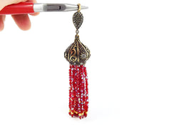 Large Long Sparkly AB Facet Cut Red Crystal Beaded Tassel with Crystal Accents - Antique Bronze - 1PC