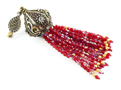 Large Long Sparkly AB Facet Cut Red Crystal Beaded Tassel with Crystal Accents - Antique Bronze - 1PC