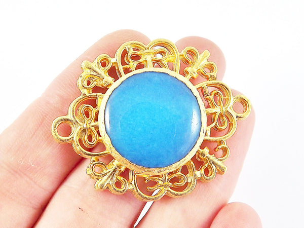 Curly Filigree Connector Cyan Blue Jade - 22k Matte Gold Plated - 1PC