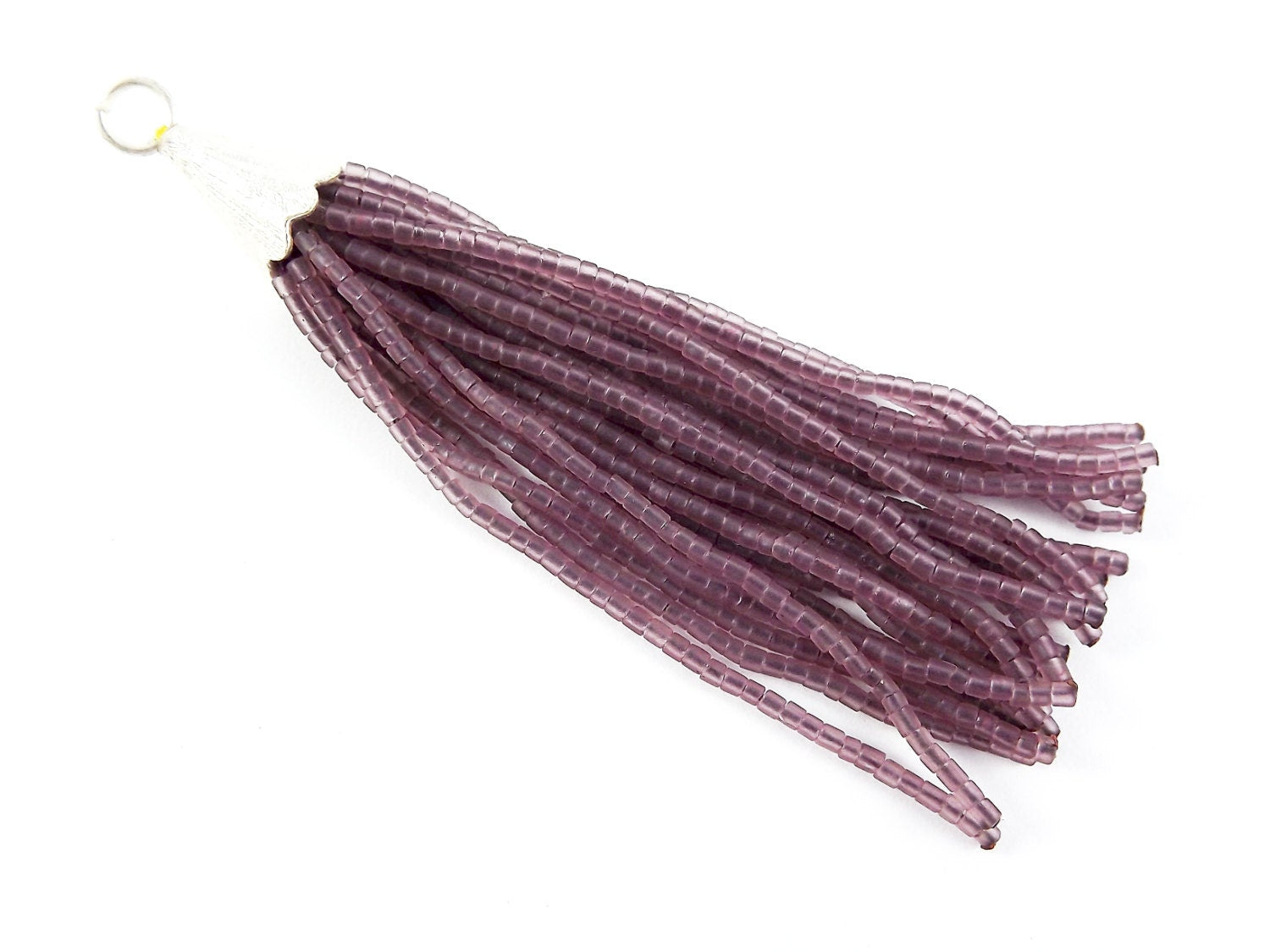 Transparent Pale Purple Afghan Tibetan Heishi Tube Beaded Tassel - Handmade - Textured Shiny Silver Plated Cap - 92mm = 3.62inches  -1PC