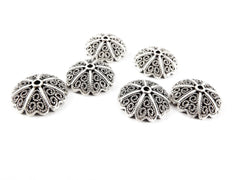 6 Shallow Filigree Swirl Lace Bead End Caps -  17mm Wide Matte Silver Plated Round Bead caps