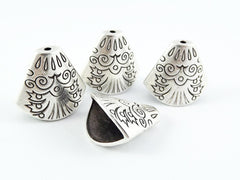 4 Engraved Fan Detail Simple Flat Cone Bead End Caps -  Matte Silver Plated  Round Bead caps