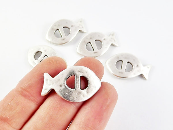 5 Large Rustic Curved Fish Slider Charms - Matte Silver Plated