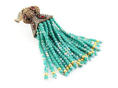 Large Long AB Turquoise Facet Cut Crystal Beaded Tassel with Crystal Accents - Antique Bronze - 1PC