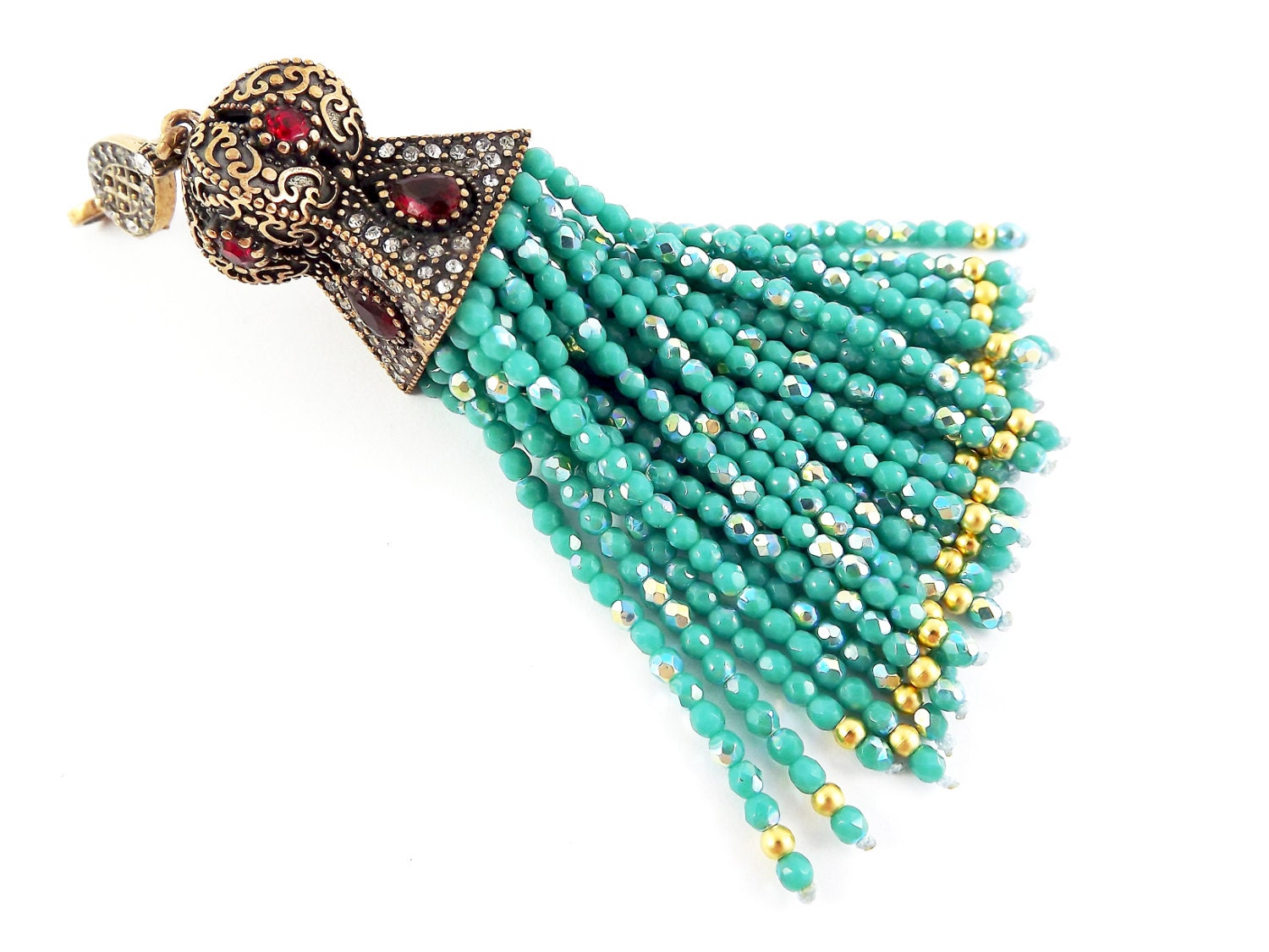 Large Long AB Turquoise Facet Cut Crystal Beaded Tassel with Crystal Accents - Antique Bronze - 1PC