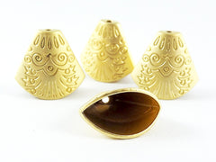4 Engraved Fan Detail Simple Flat Cone Bead End Caps - 22k Matte Gold Plated