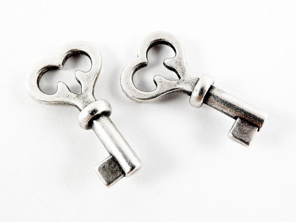 Silver Heart Key Charms Pendants, Silver Heart Beads, Oxidized Key Charms, Matte Antique Silver Plated