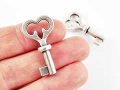 Silver Heart Key Charms Pendants, Silver Heart Beads, Oxidized Key Charms, Matte Antique Silver Plated