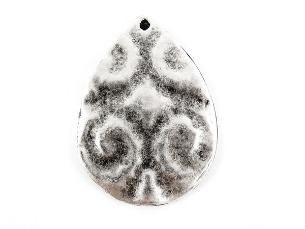 Large Embossed Organic Swirl Teardrop Shaped  - Matte Antique Silver Plated - 1PC