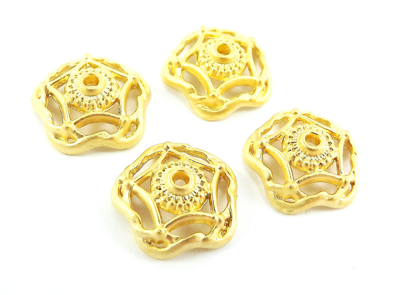 4 Shallow Wavy Bead End Caps -  16mm Wide 22k Matte Gold Plated Round Bead caps