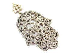 NEW - Large Hamsa Hand of Fatima Pendant Clear Crystal Accents - Small Round Bail - Sterling Silver Antique Bronze - 1PC