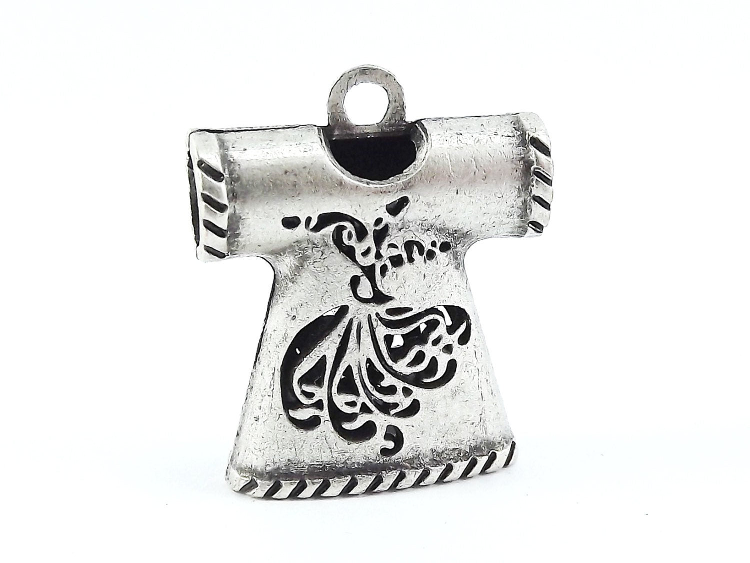 Turkish Caftan Pendant with Whirling Dervish Detail - Matte Antique Silver Plated - 1PC
