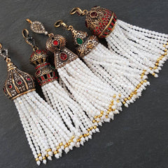Large Long AB White Facet Cut Crystal Beaded Tassel with Crystal Accents - Antique Bronze - 1PC