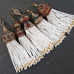 Large Long AB Facet Cut White Crystal Beaded Tassel with Crystal Accents - Antique Bronze - 1PC